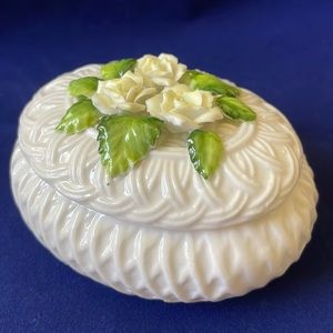 Vintage hand made small oval trinket box rose flowers and green leaves